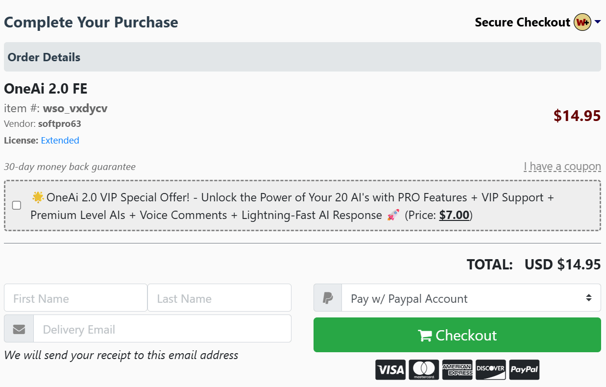 OneAI 2.0 Checkout Page